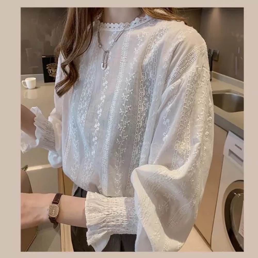Embroidery floral blouse white lantern sleeve womens vintage style
